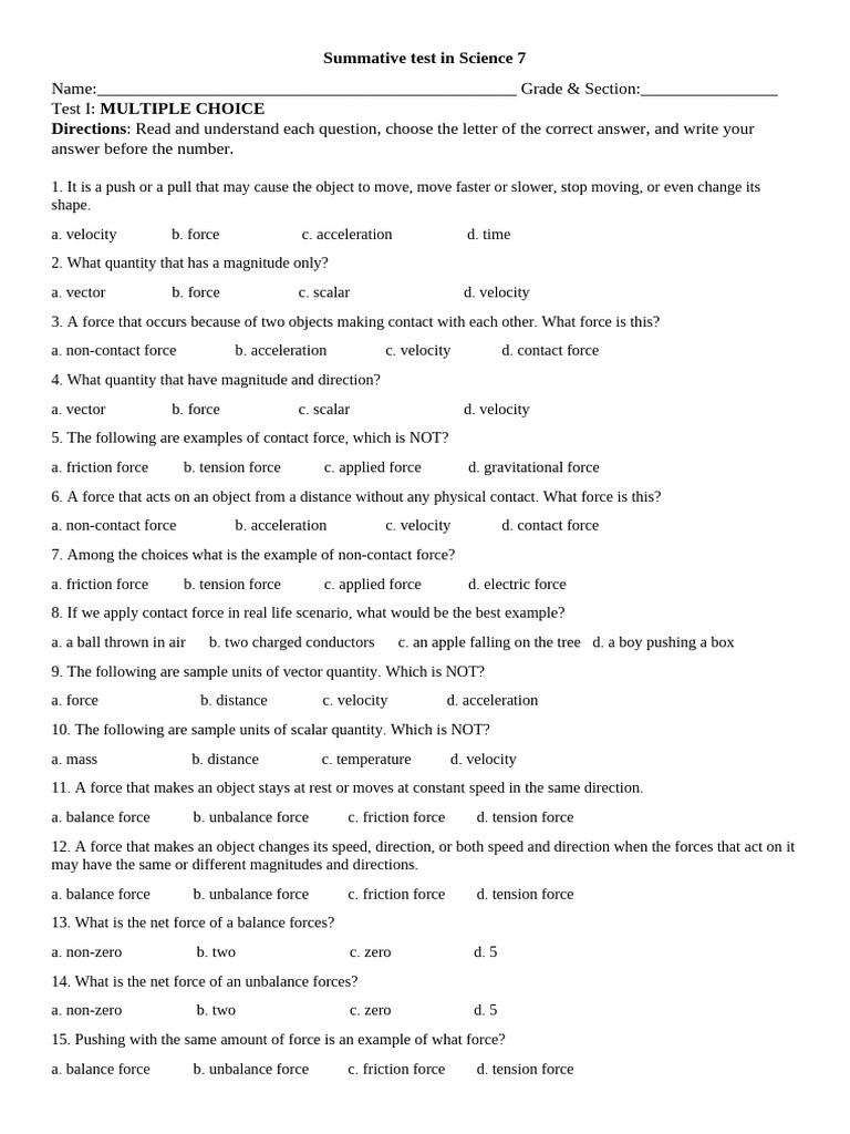 3rd Quarter Summative Test in Science 7 | PDF | Force | Velocity
