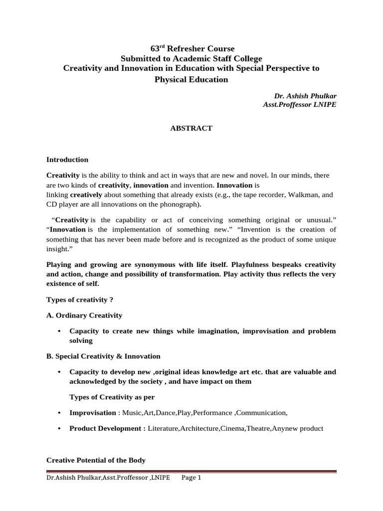 Creativity and Innovation in Education With Special Perspective To ...