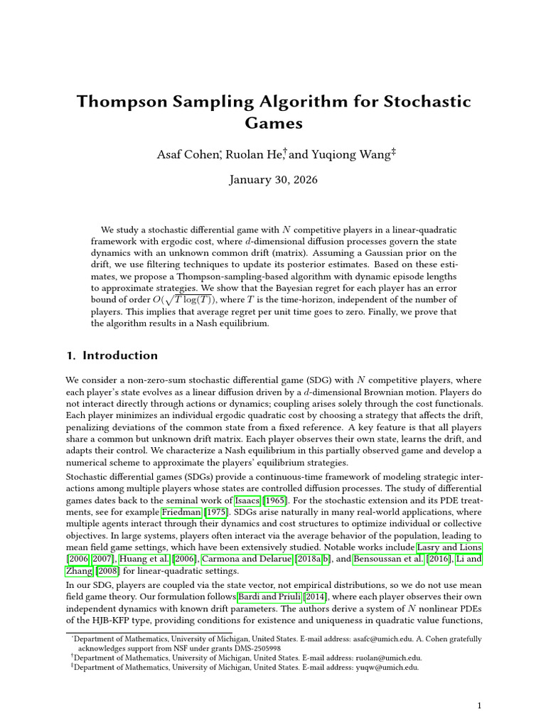 Thompson Sampling Algorithm For Stochastic Games: Asaf Cohen, Ruolan He ...