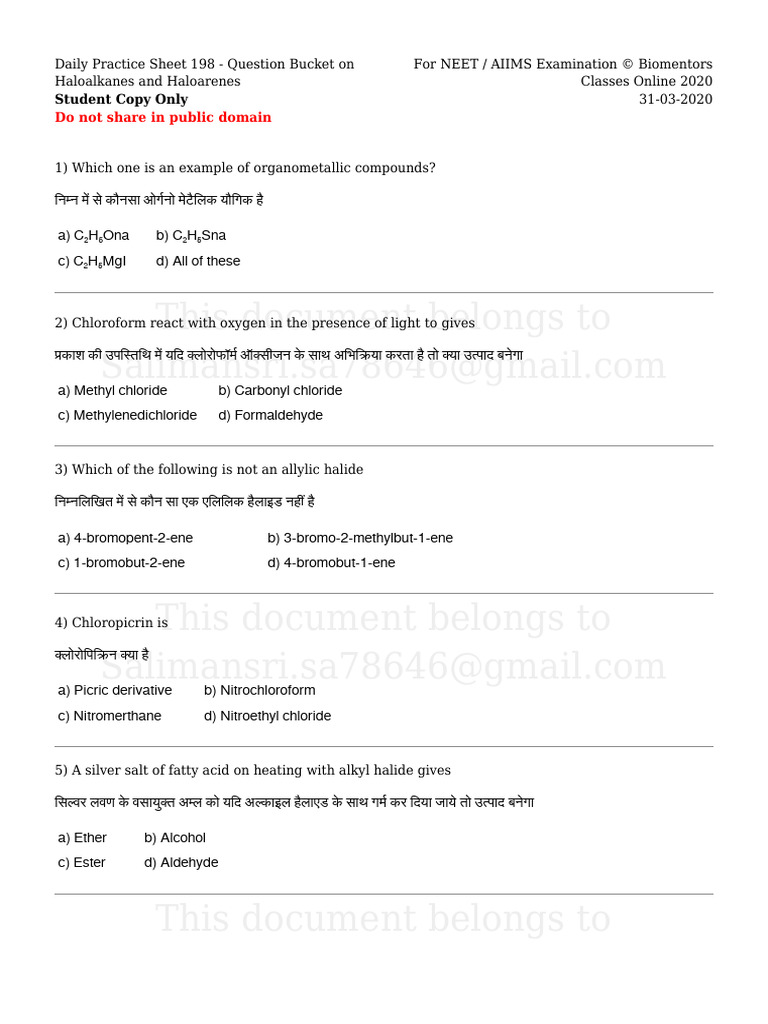 198-Question Bucket On Haloalkanes and Haloarenes | PDF