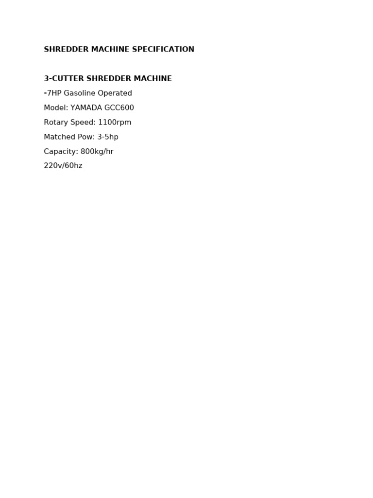 Shredder Machine Specification | PDF