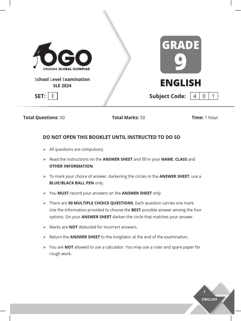 OGO English SLE Paper Grade 9 SET 1 | PDF | Verb | Adjective