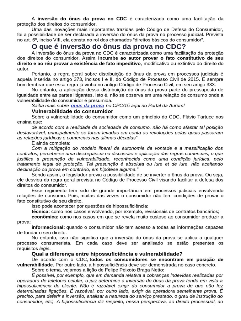 Inversão Do Ônus Da Prova No Código de Defesa Do Consumidor | PDF ...