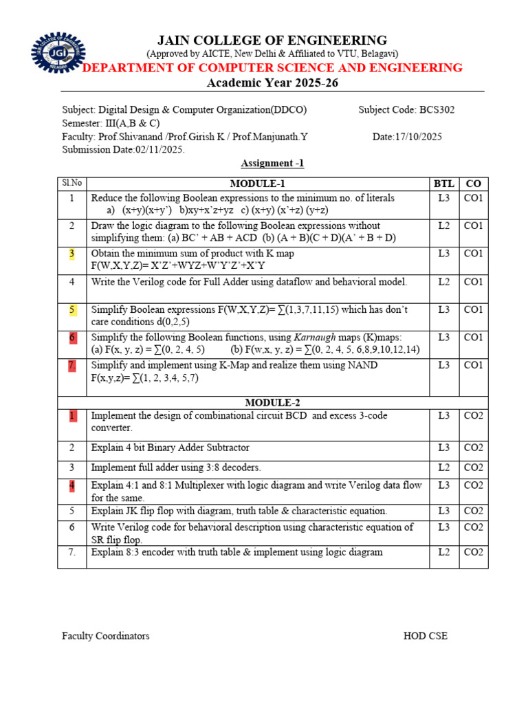 CS_Assignment 1 DDCO_3rd Sem | PDF | Boolean Algebra | Teaching Mathematics