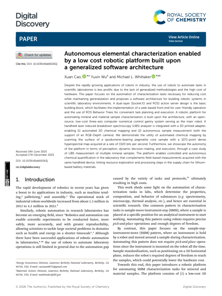 Autonomous Elemental Characterization Enabled by a Low Cost Robotic ...
