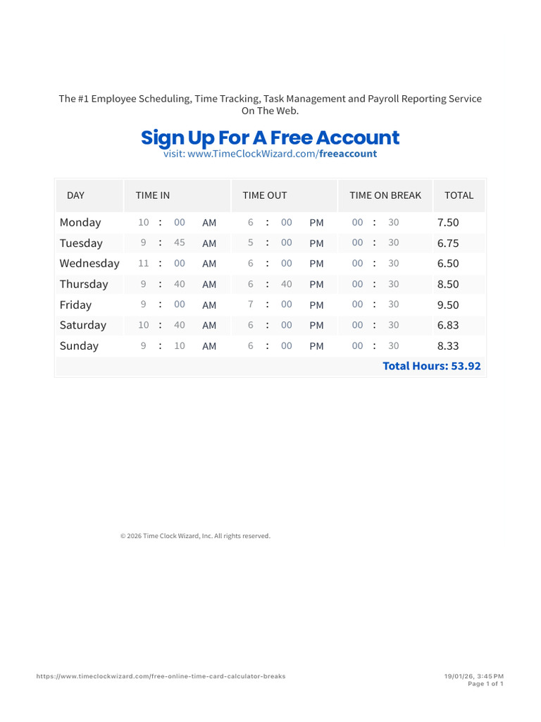 Free Online Time Card Calculator - Time Clock Wizard | PDF