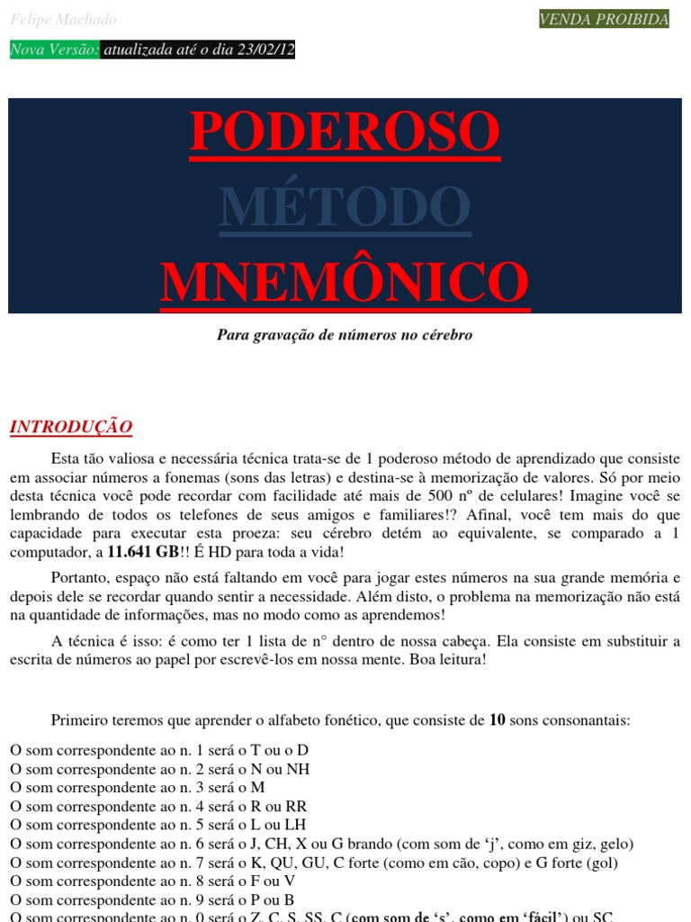 Método Mnemônico para Memorização de Números | PDF | Conhecimento | Palavra