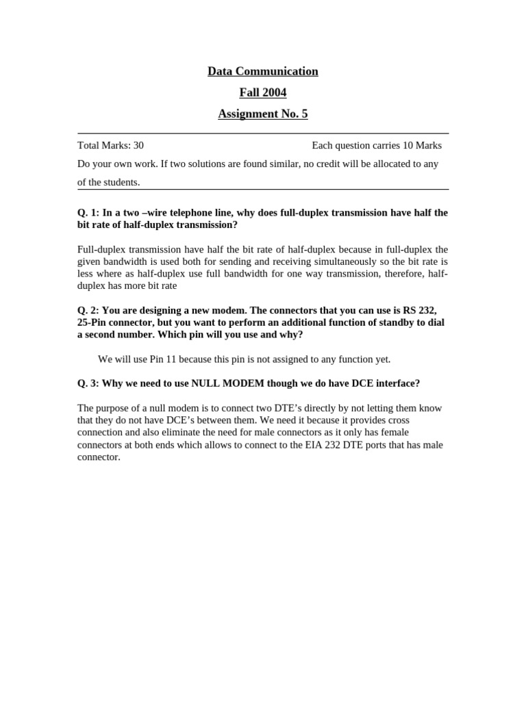 Data Communication - CS601 Fall 2004 Assignment 05 Solution | PDF