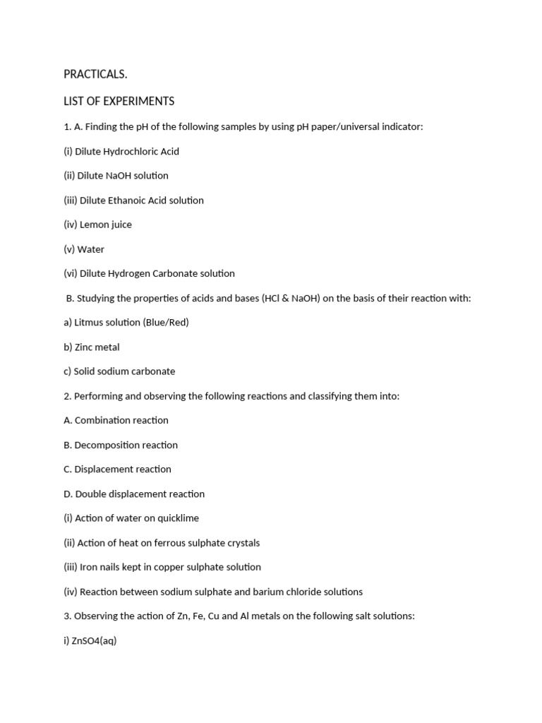 List of Experiments (Class-X Science) | PDF