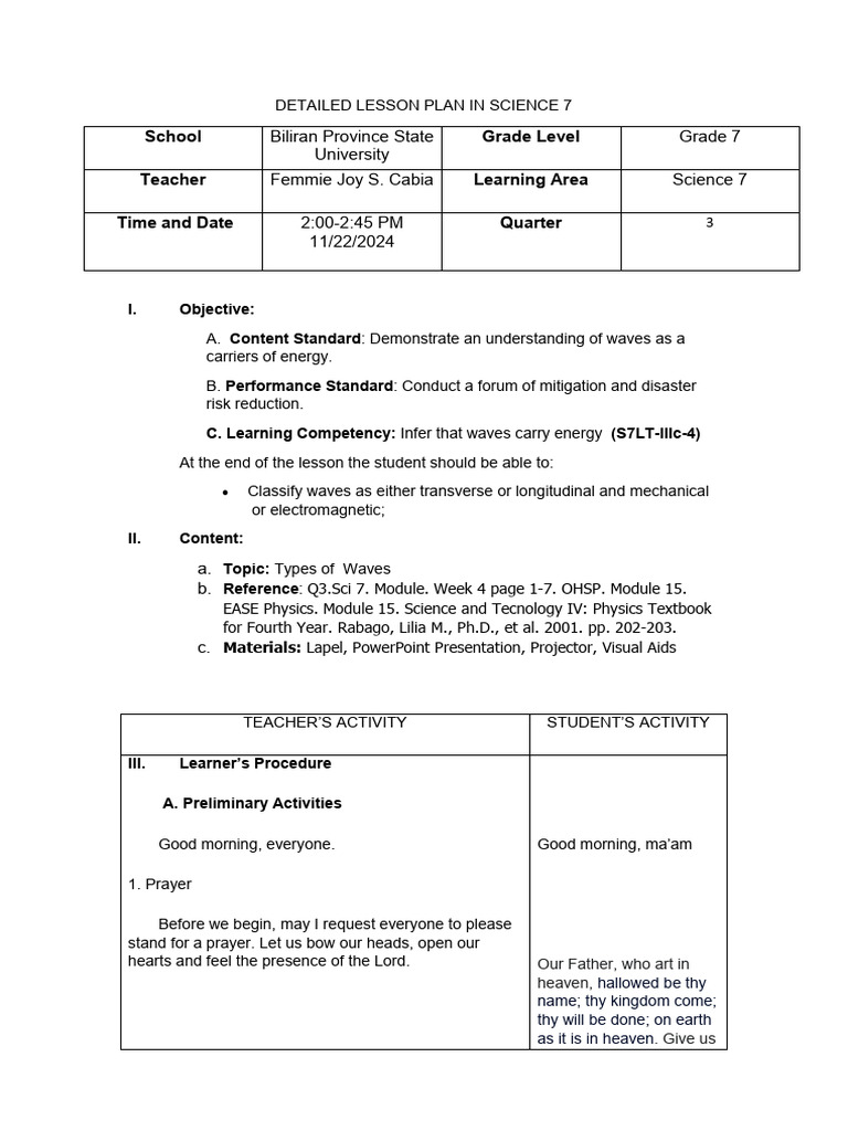 Femmie Joy Cabia Detailed LESSON PLAN 7 | PDF | Waves | Electromagnetic ...