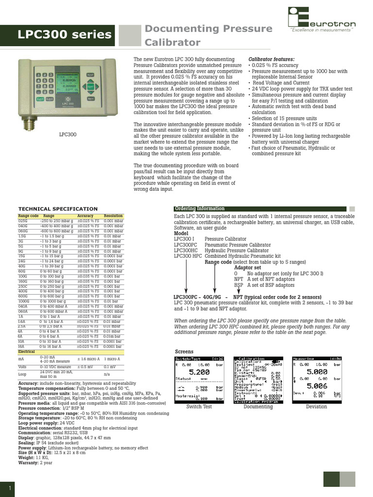 Eurotron LPC300 | PDF | Pressure Measurement | Pascal (Unit)