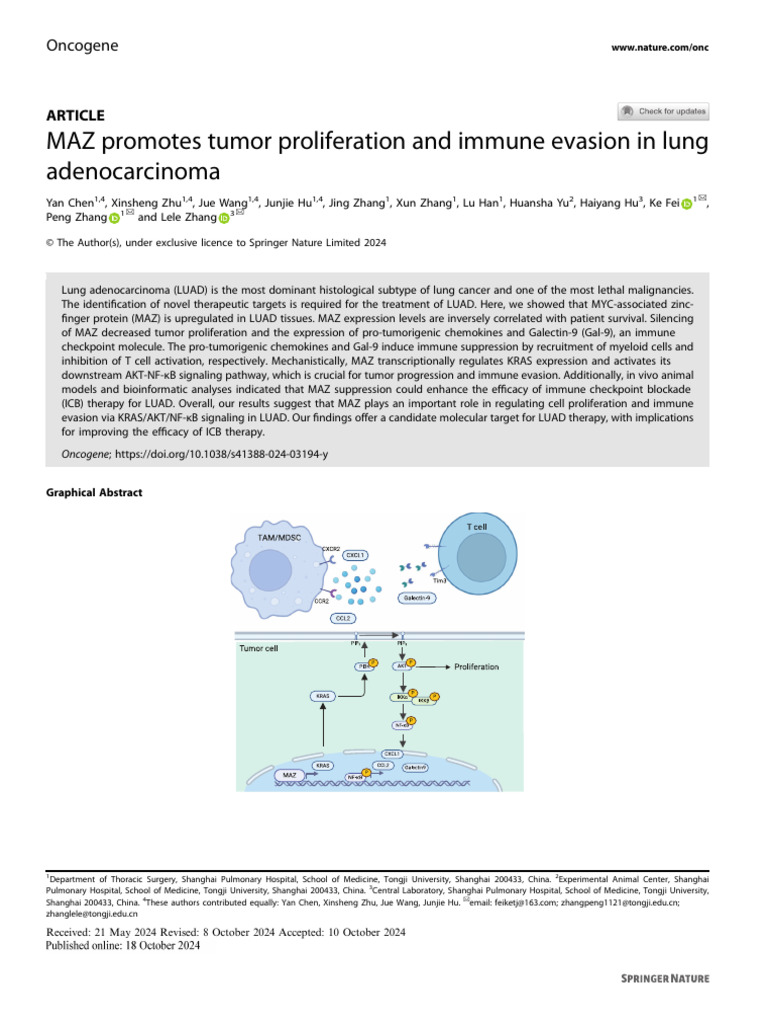MAZ Promotes Tumor Proliferation and Immune Evasion in Lung ...