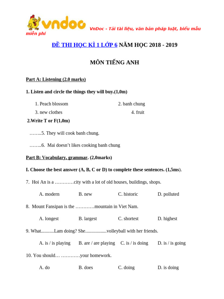 De Thi Hoc Ki 1 Mon Tieng Anh Lop 6 Chuong Trinh Moi | PDF | Linguistics