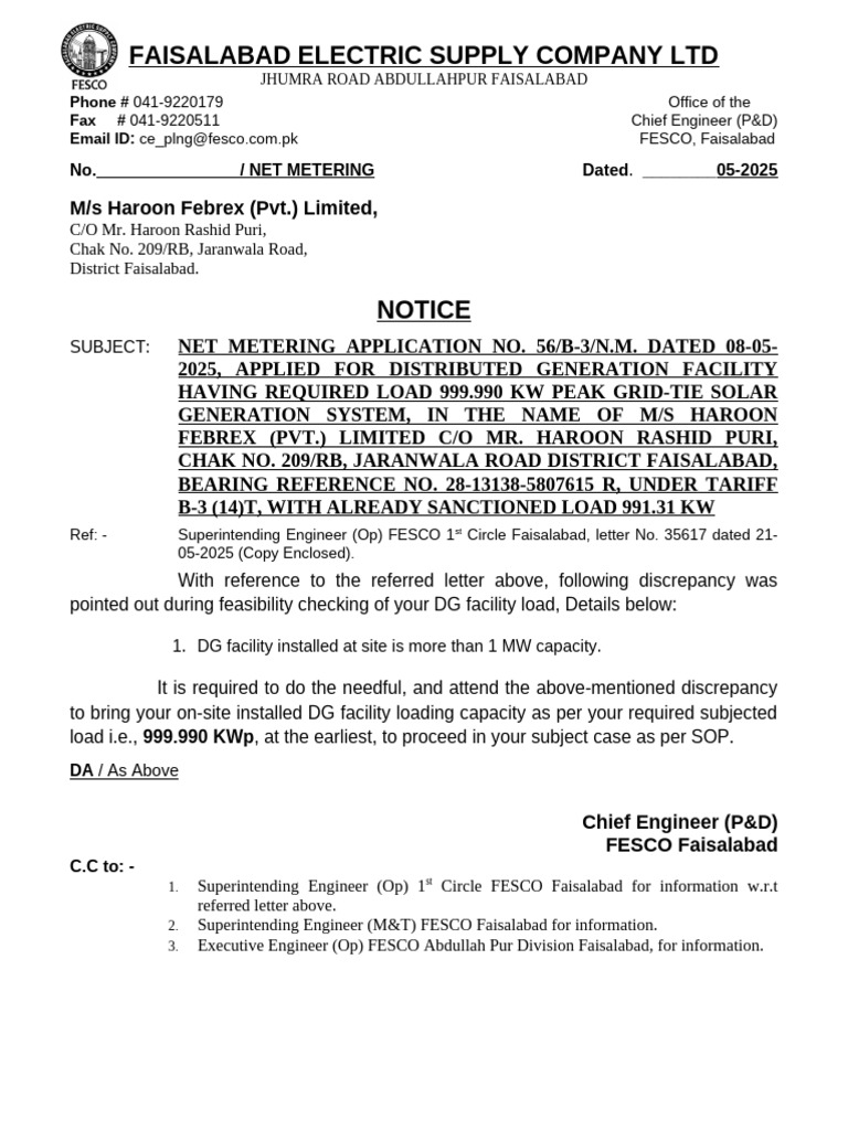 Letter to Haroon Febrex Fabrics Jaranwala Road Net Metering Connection ...
