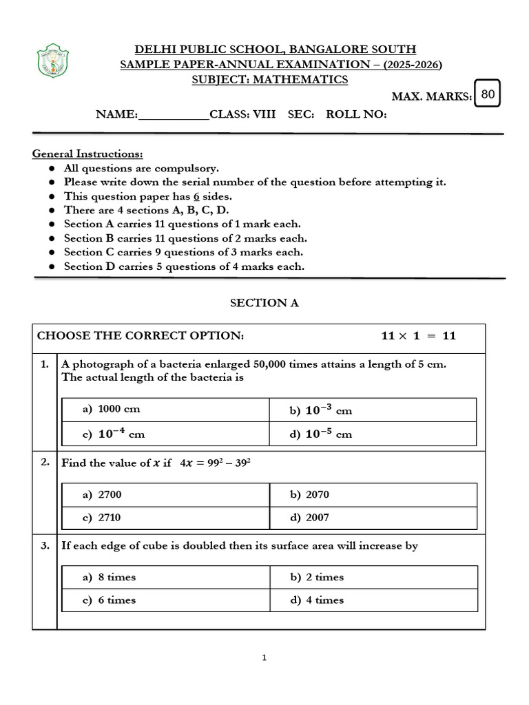 Grade 8 - Annual Exam - Mathematics Sample Paper | PDF | Elementary ...