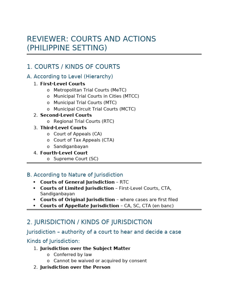 Reviewer - Courts and Actions (Philippine Setting) | PDF | Jurisdiction ...