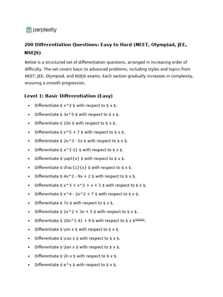 200 Differentiation Questions - Easy To Hard (NEET | PDF | Mathematical ...