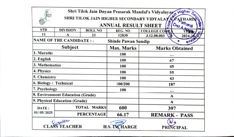 11TH Marksheet | PDF