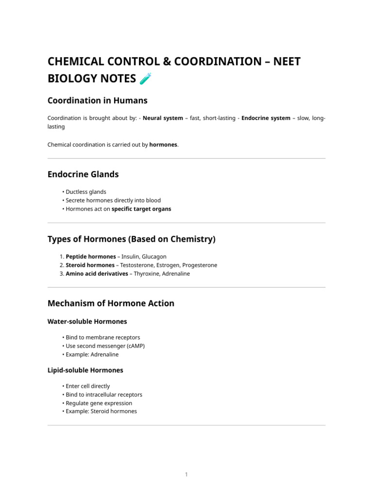 Chemical Control and Coordination - Neet Biology Notes | PDF ...