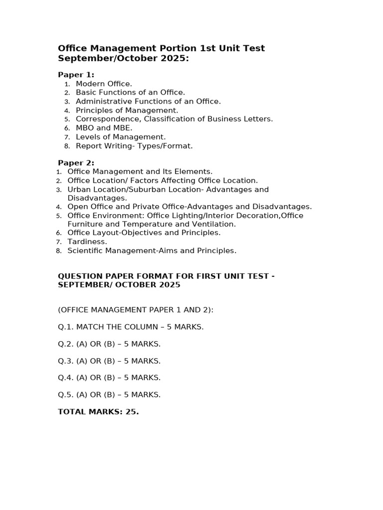 Office Management Paper 1 and 2 (First Unit Test) (2025) | PDF