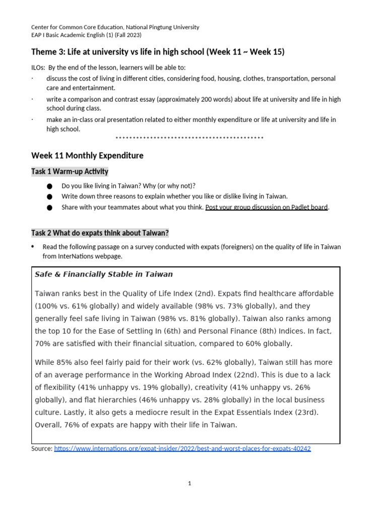 EAP I - Theme 3 Handout | PDF | Cost Of Living | Grammar