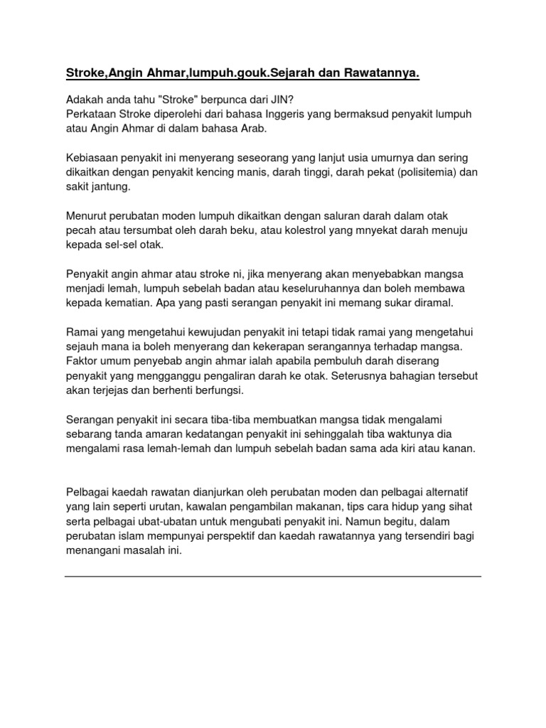 Sejarah Dan Rawatan Stroke Angin Ahmar Lumpuh Gouk Pdf