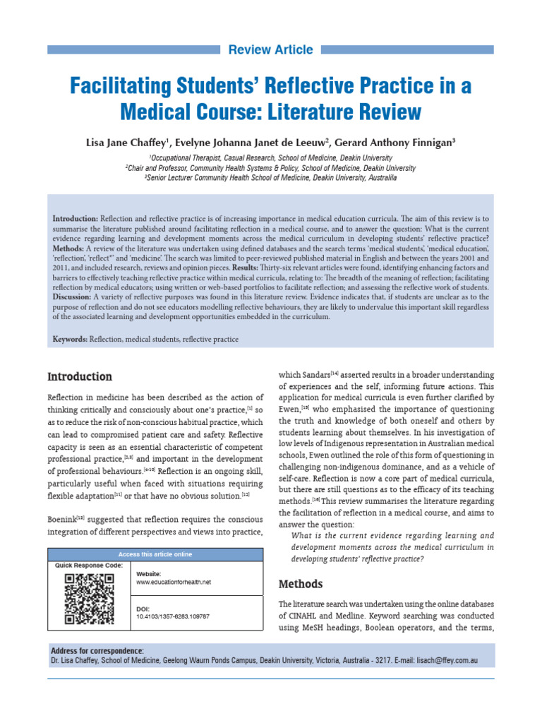 Chaffey - Facilitating Reflective Practice in Medical Course | PDF ...