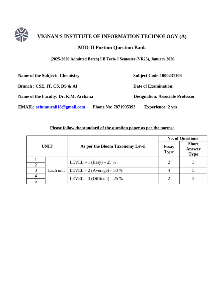 I-I SEM Mid II Question Bank | PDF | Polymers | High Performance Liquid ...