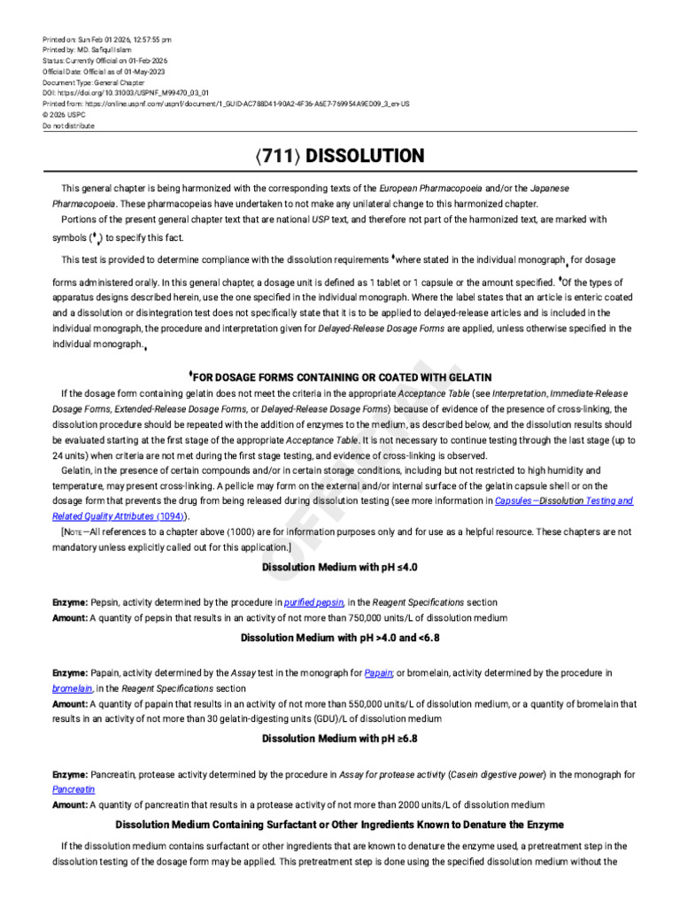 USP-NF 711 Dissolution | PDF | Pharmacy | Pharmaceutical Sciences