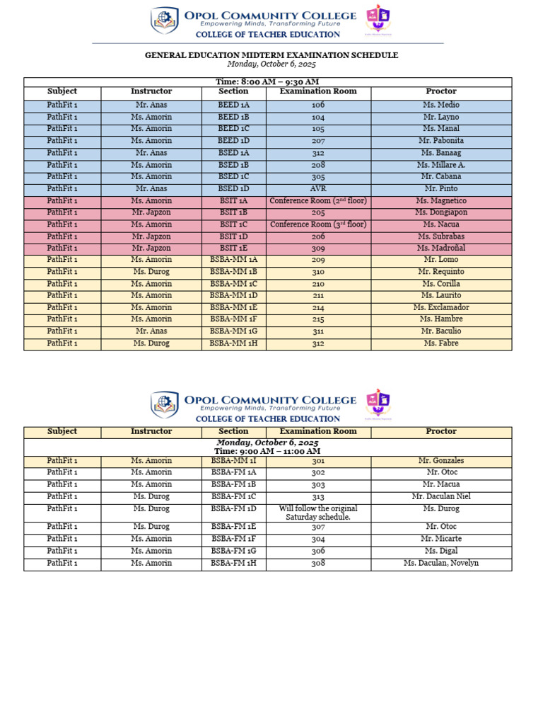 GendEd Midterm Exam Schedule Monday Tuesday | PDF