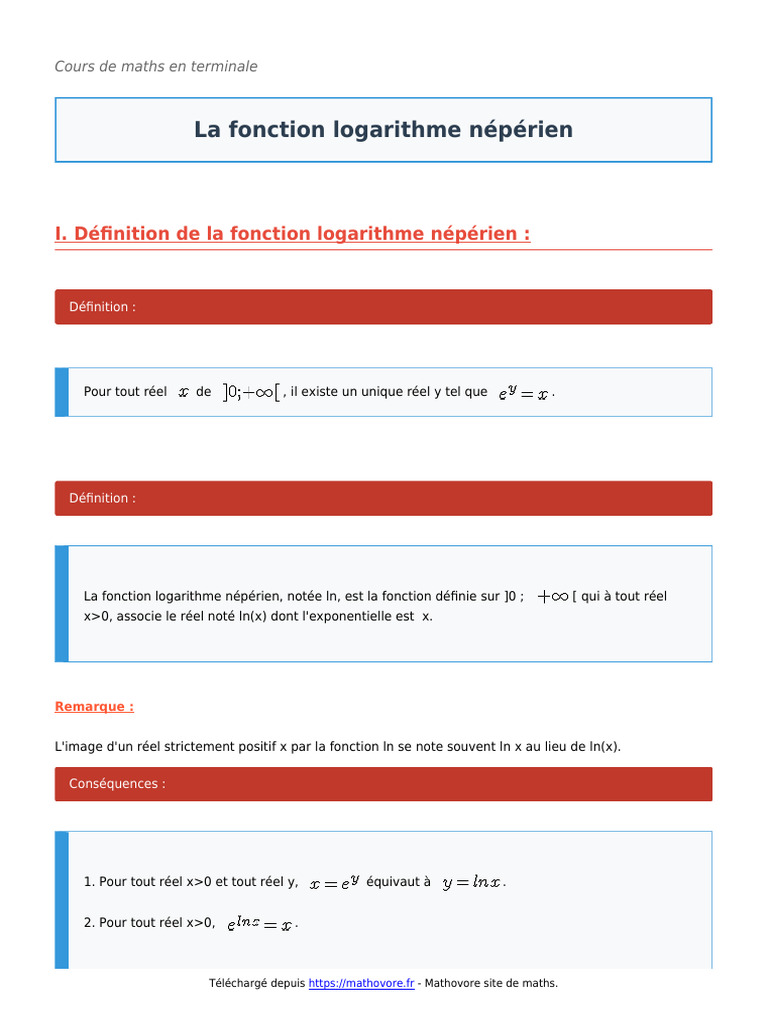 La Fonction Logarithme Neperien Cours de Maths en Terminale 651 | PDF ...