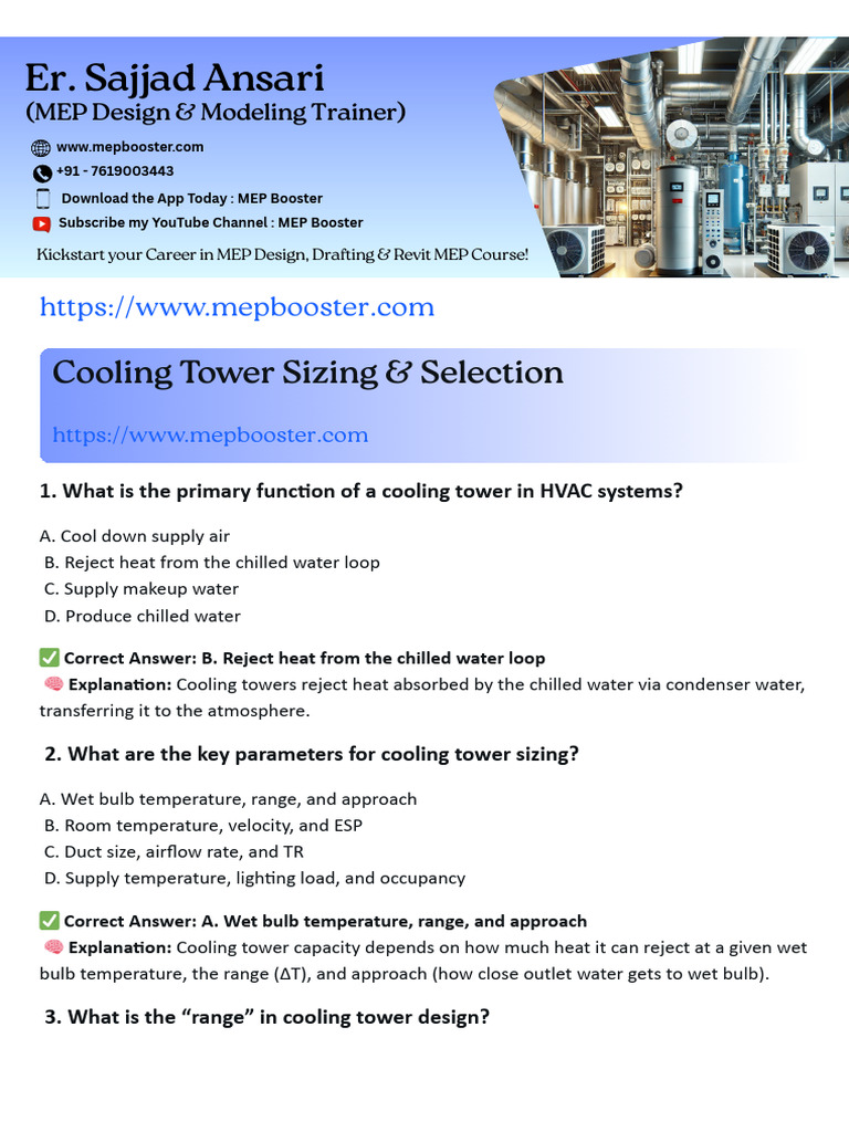 Quizzes On Cooling Tower Sizing & Selection | PDF | Water | Refrigeration