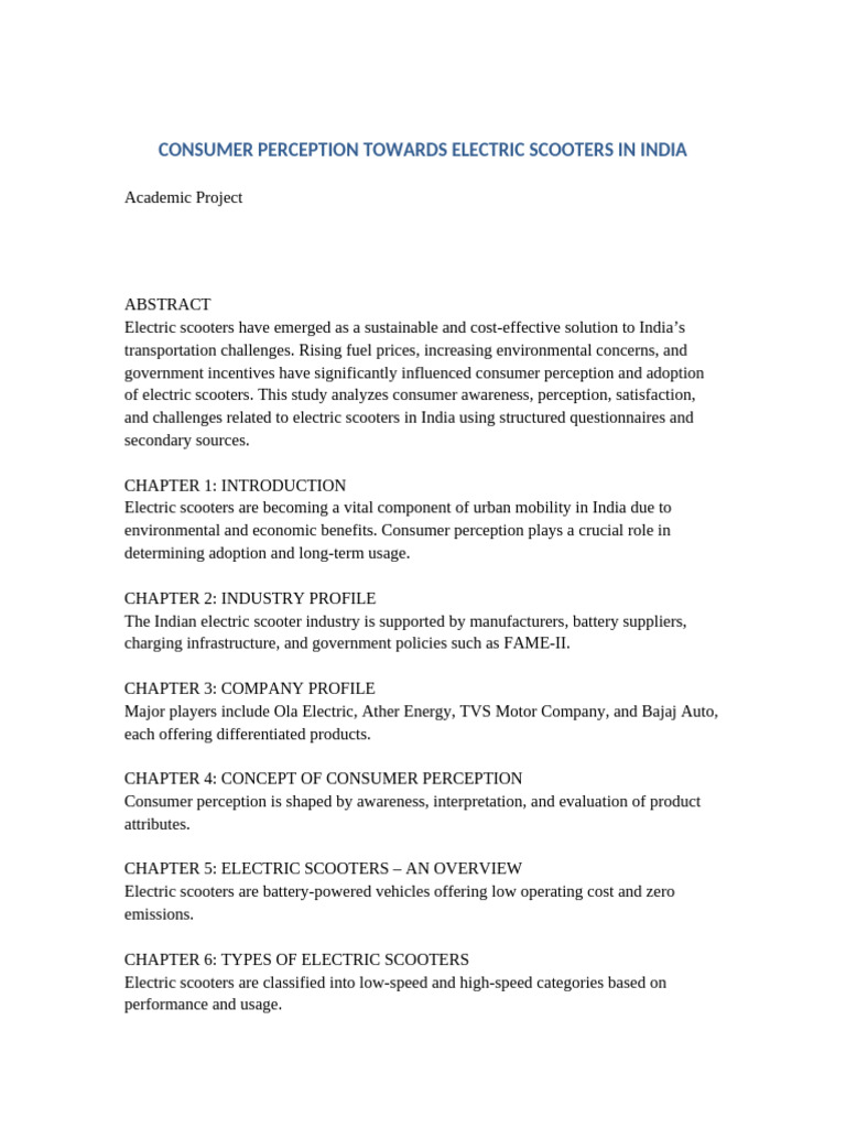 Consumer Perception Electric Scooters India FULL 30 Chapters | PDF ...