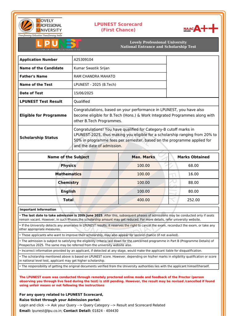 _Result_Card_A25309104 | PDF | University And College Admission ...