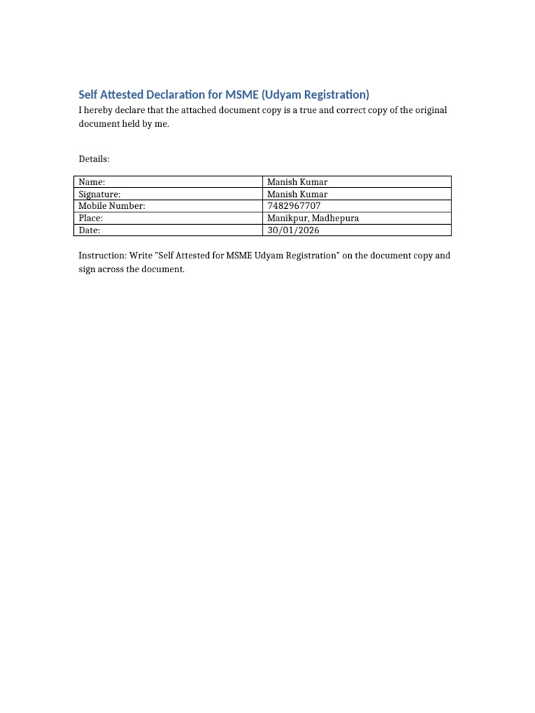 MSME Self Attested Manish Kumar | PDF