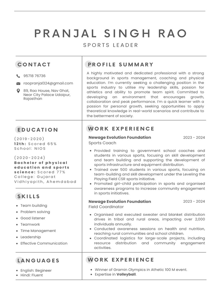 Pranjal Singh Rao Sports Coach Resume | PDF | Team Building | Sports