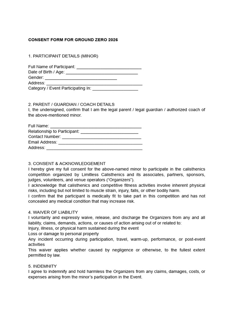 Consent Form For Ground Zero 2026 v2 | PDF | Indemnity | Private Law