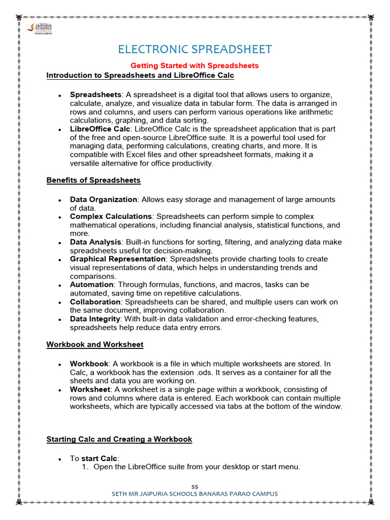 Electronic Spreadsheet Class 9 | PDF | Spreadsheet | Chart
