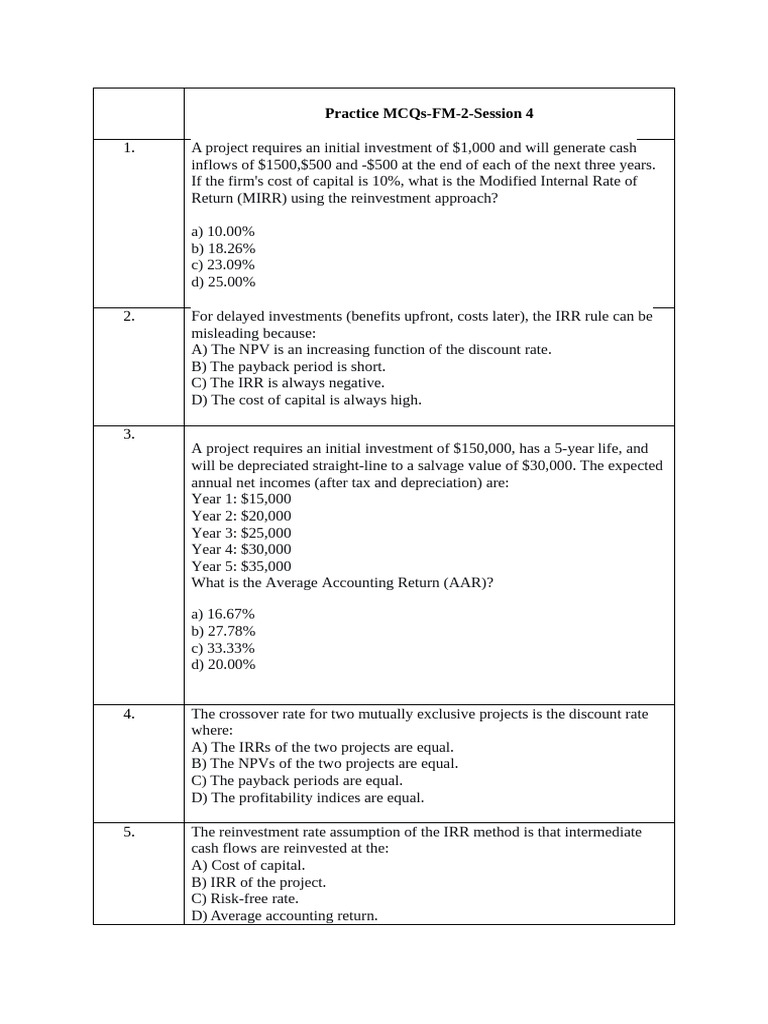Practice MCQs FM 2 Session 4 | PDF | Internal Rate Of Return | Net ...