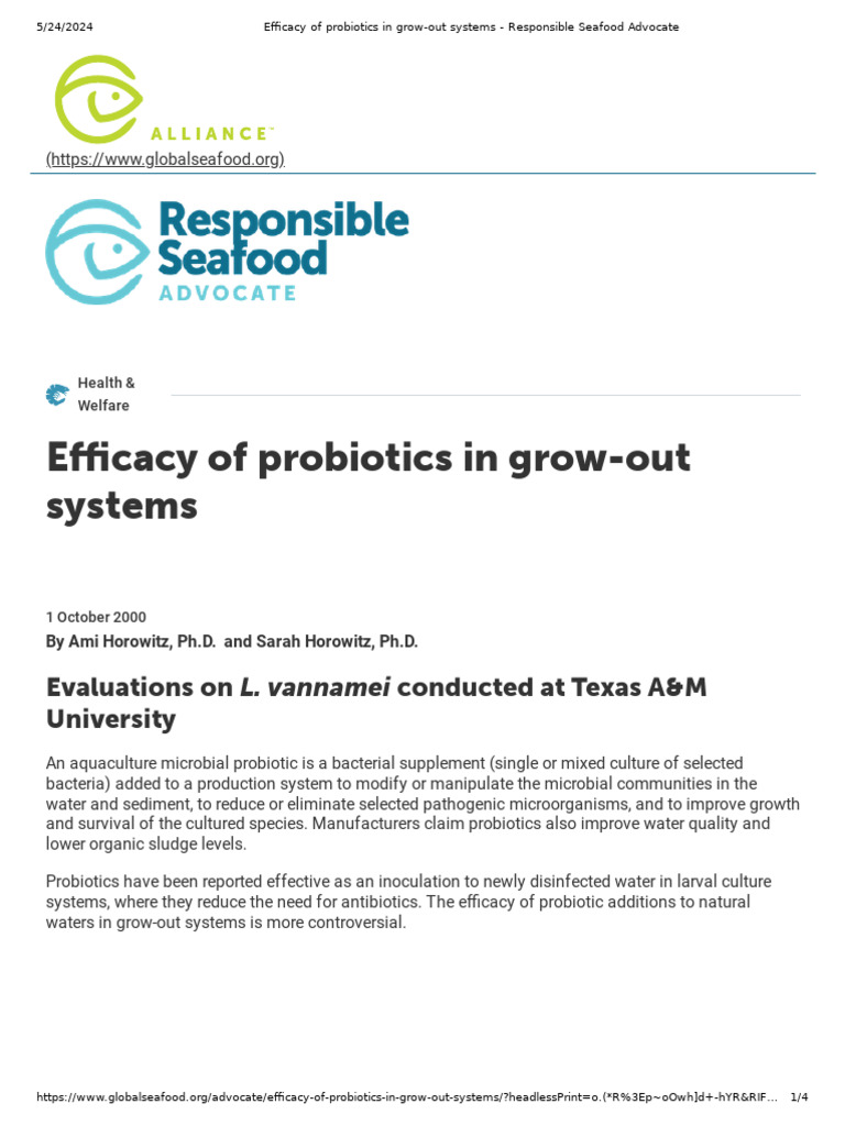Efficacy of Probiotics in Grow Out Systems | PDF | Probiotic ...