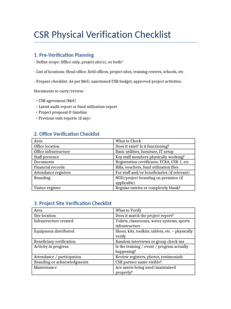 CSR Physical Verification Checklist | PDF | Audit