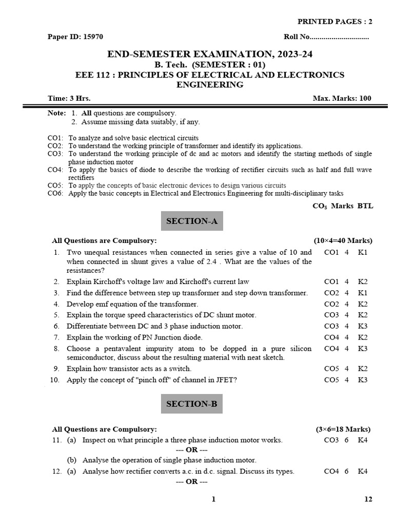 Eee 112 Principles of Electrical and Electronics Engineering 2023-24 ...