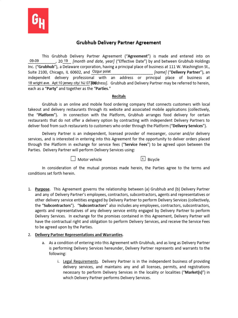 Grubhub Delivery Partner Agreement | PDF | Arbitration | Indemnity