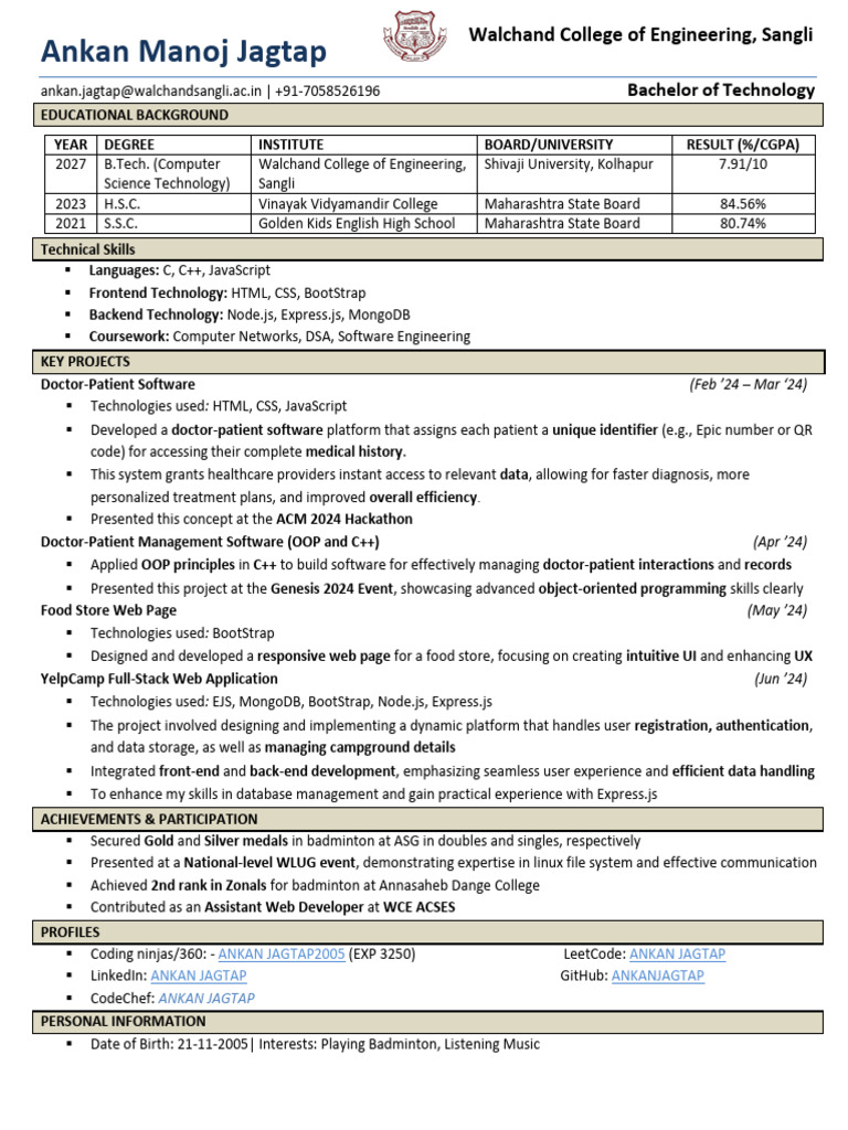 Ankan Jagtap_Resume (1) | PDF | Object Oriented Programming | Java Script
