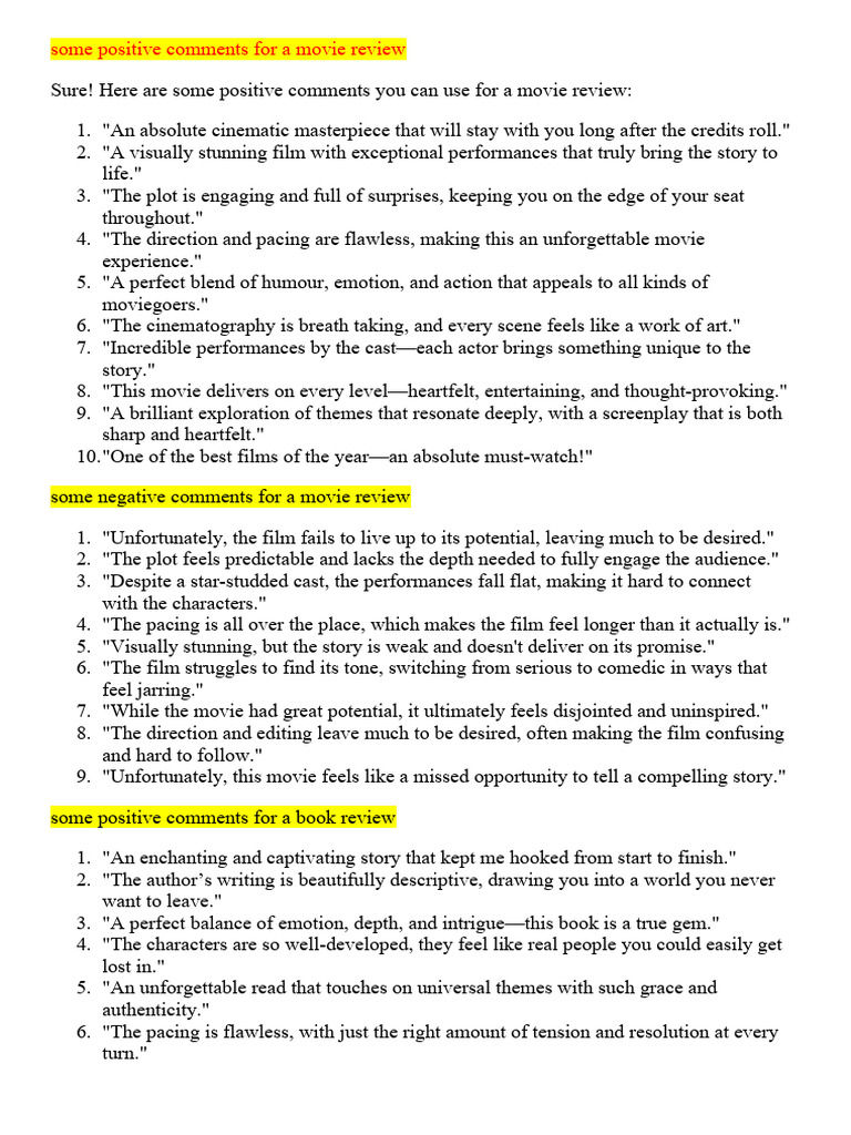 ESL Comments For A Review Writing | PDF | Restaurants