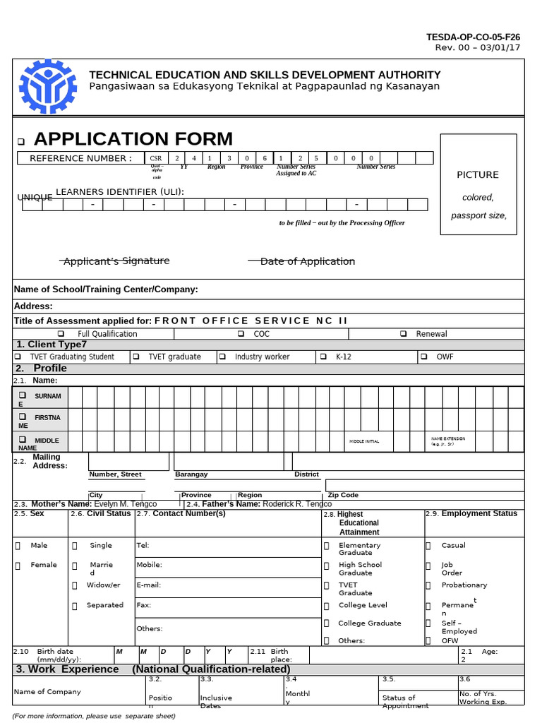 Assessment Application CSR NC II | PDF