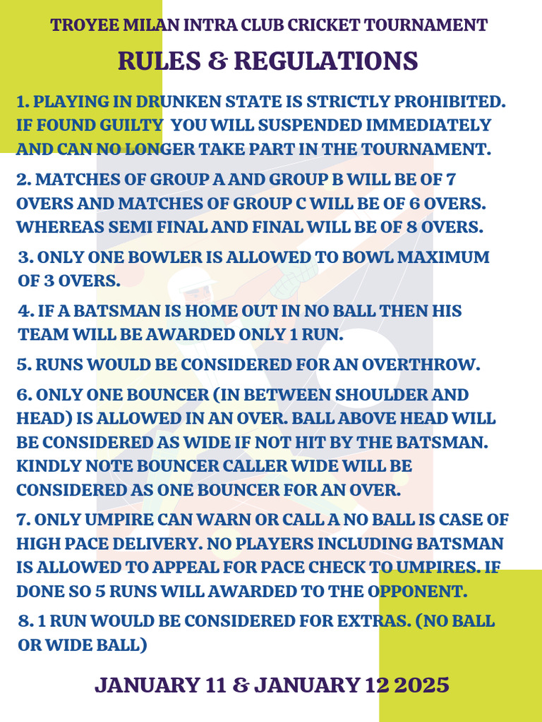 Cricket Tournament 2025 Rules and Regulation | PDF | Cricket | Ball Games