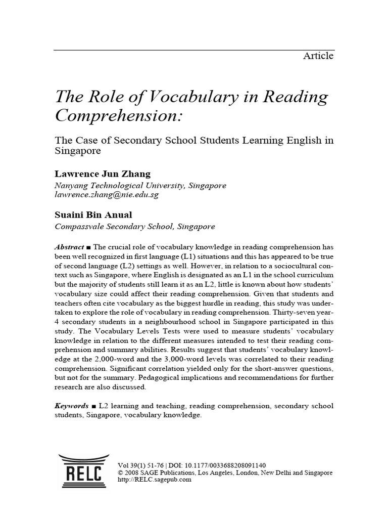 Jun Zhang Bin Anual 2008 The Role of Vocabulary in Reading ...