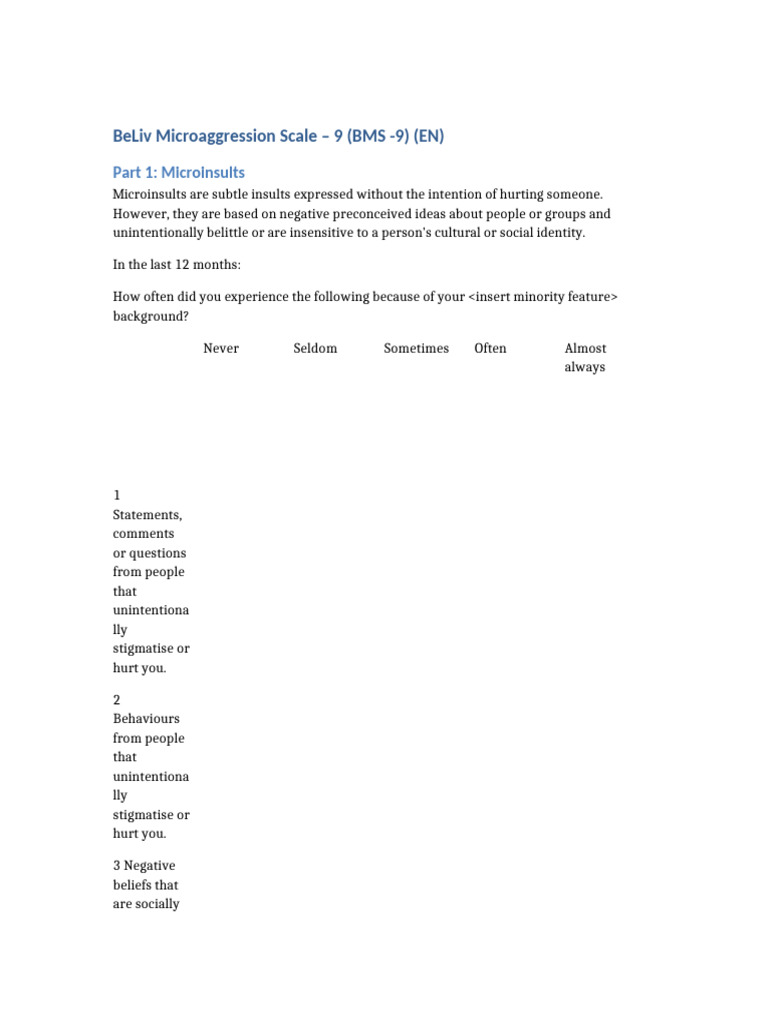 BeLiv Microaggression Scale BMS9 | PDF