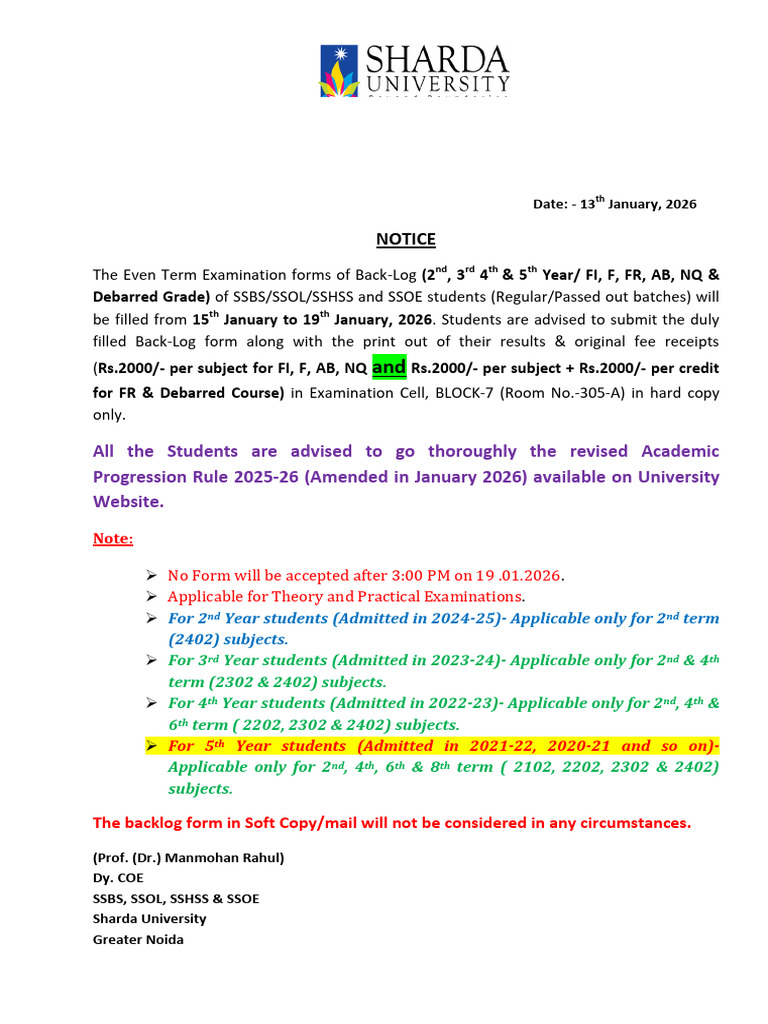 Notice for Even Term Backlog Exam Form_Term 2502 | PDF